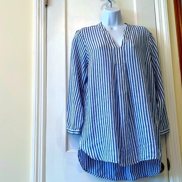 100% Linen Tunic Top Women Medium Blue White Striped V-Neck Long Coastal Beachy - Picture 1 of 17